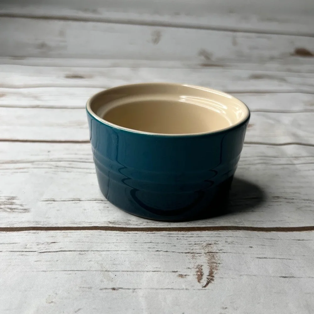 Le Creuset Ramekin Teal Blue Stoneware Round Ribbed 3.75in